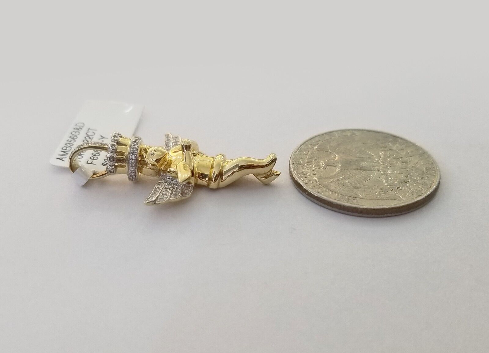 Real 10k Yellow Gold Angel Praying Hand Real Diamond Pendant Mini Angel Charm - GoldenlinQ